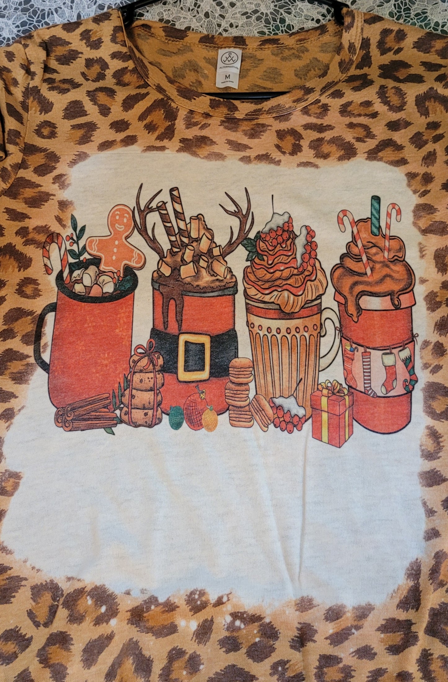 Christmas Coffee Leopard Bleached Tshirt