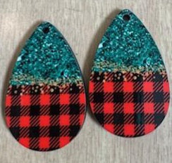 Green Sparkle/Buffalo Plaid Teardrop Earrings
