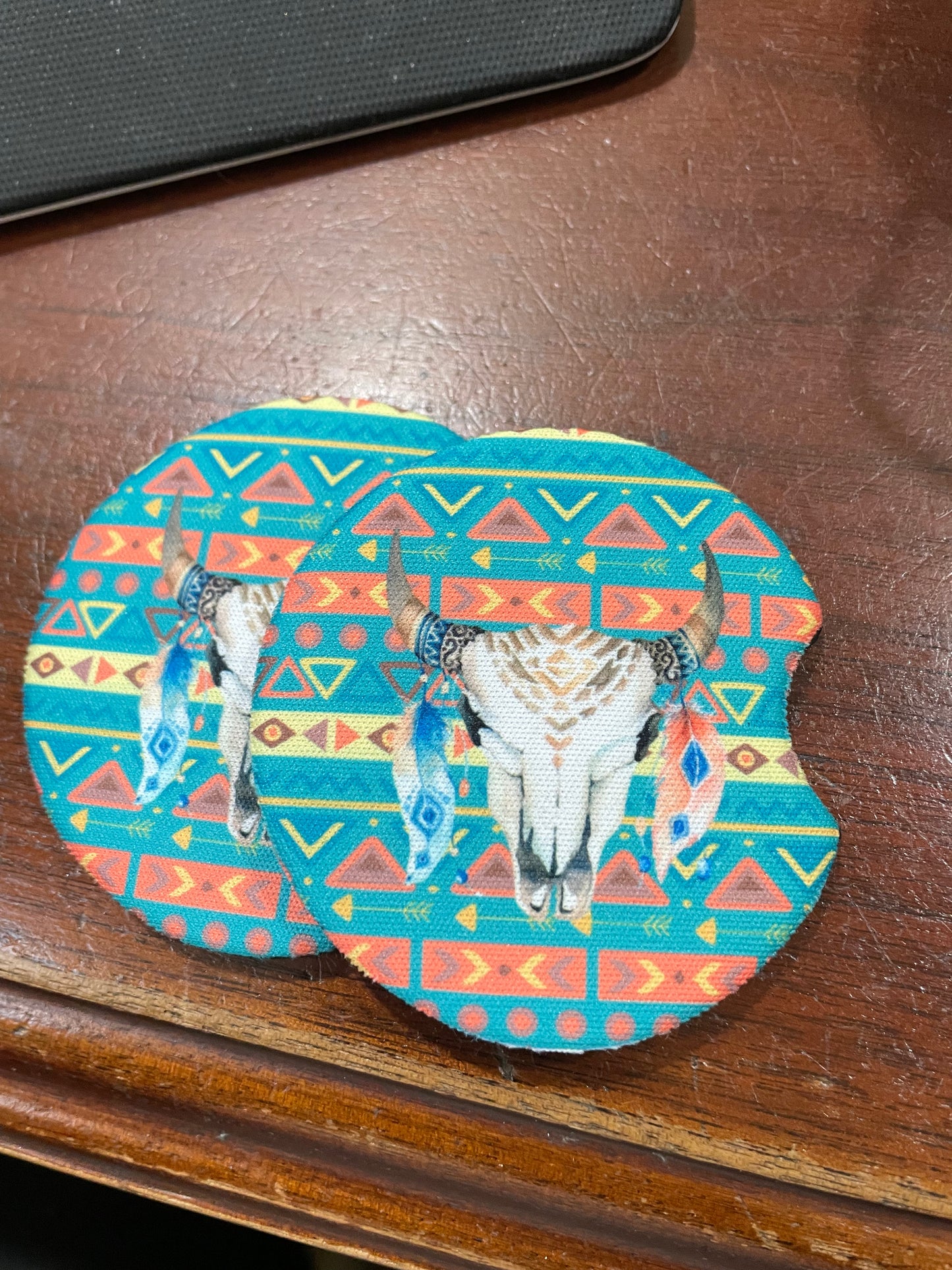 Bull skull Indian print car coasters