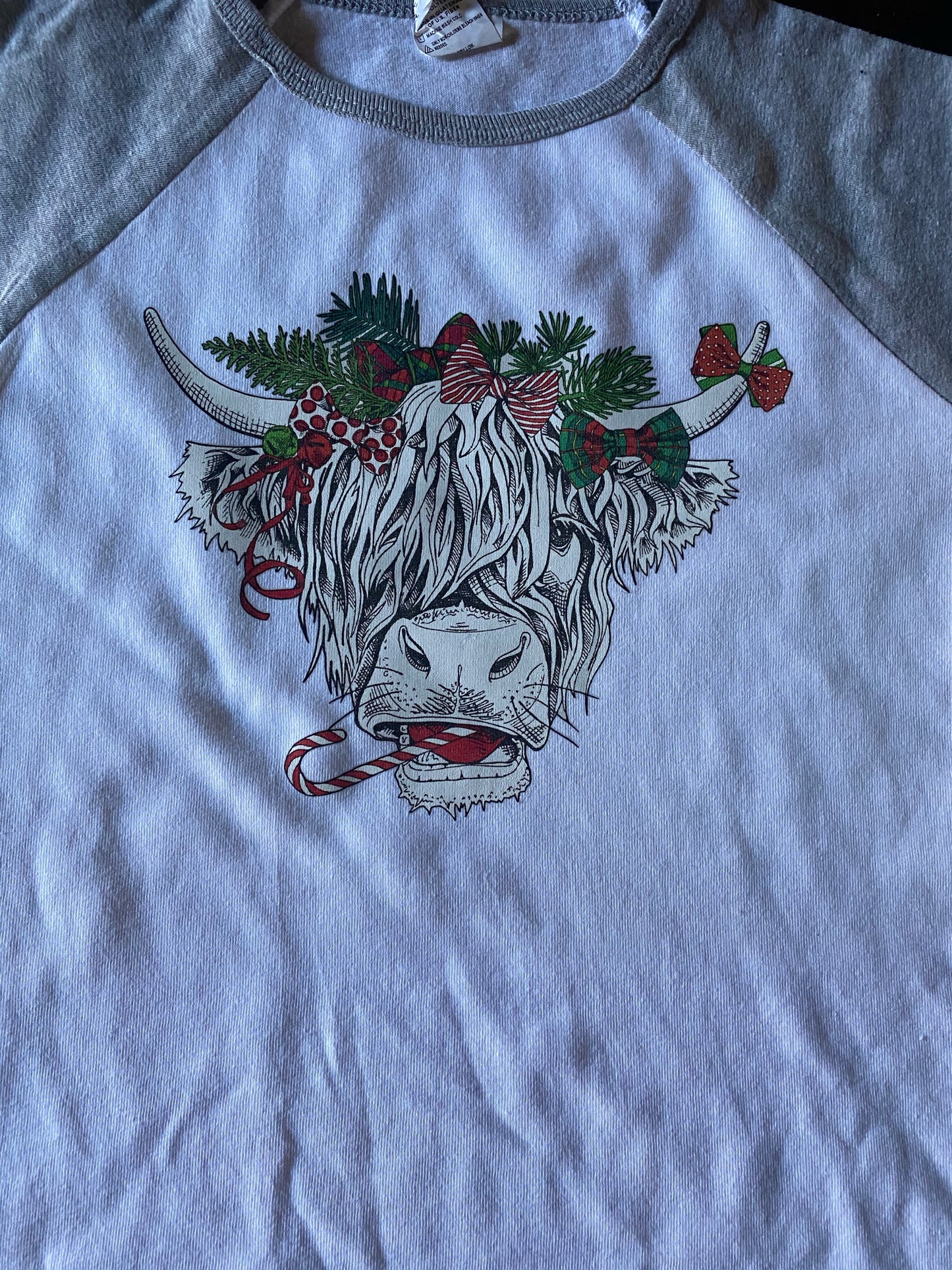 Cow Candy Cane Bow Baseball TSHIRT
