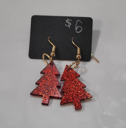 Red Sparkle Christmas Tree Earrings