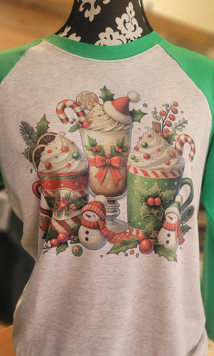 Christmas Coffee Latte Baseball Tshirt 3/4 sleeve